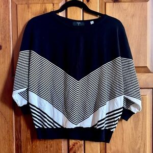 Tahari Sweater Womens L Black and Cream Striped Dolman 3/4 Sleeves Pullover